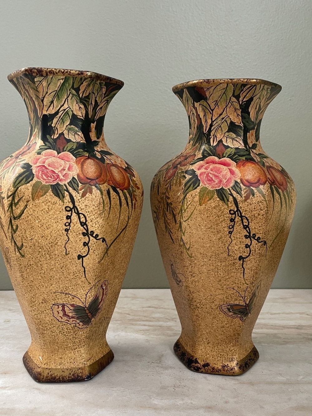 Vintage Nantucket Ceramic Vase Pair | Hand Painted Floral Butterfly
